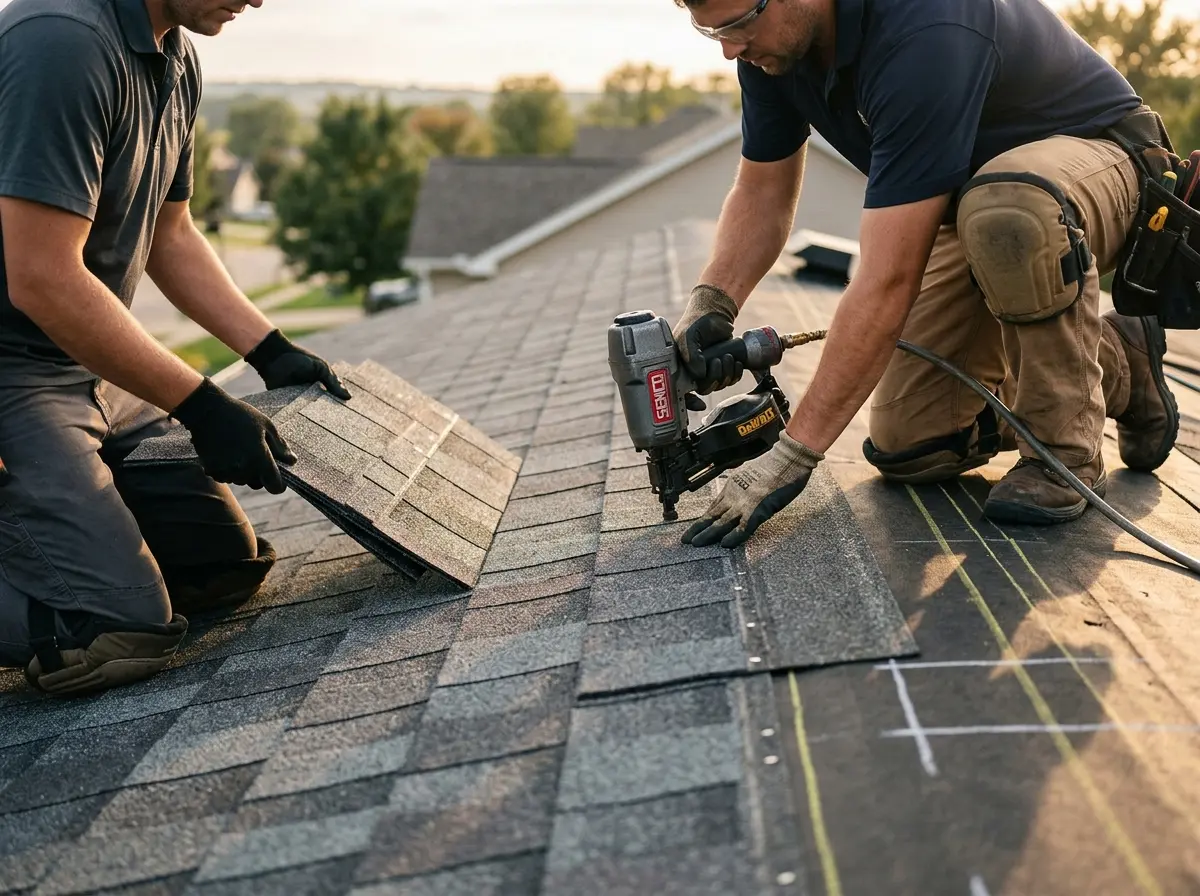 Professional roofer working on a residential roof in Destrehan